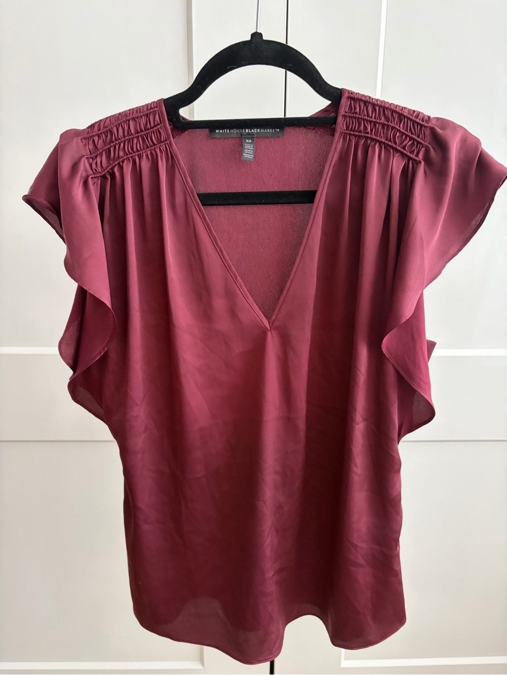 White House Black Market Wine V-Neck Flutter Sleeve Blouse